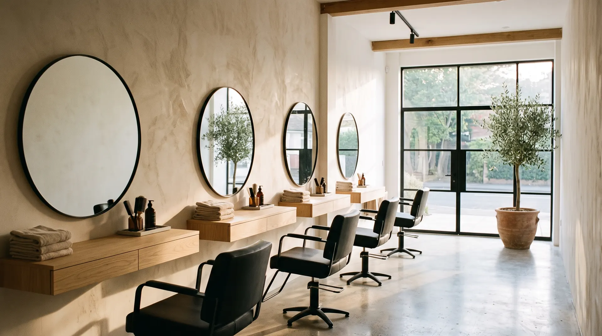 The studio before opening: six chairs in a row, round mirrors, morning light off Sunset