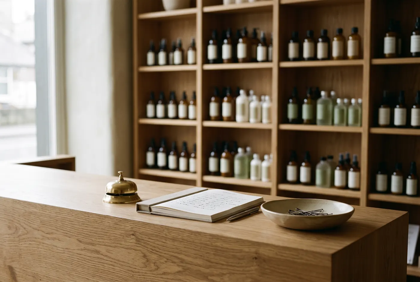 Reception desk, brass bell, the appointment book and the product shelf