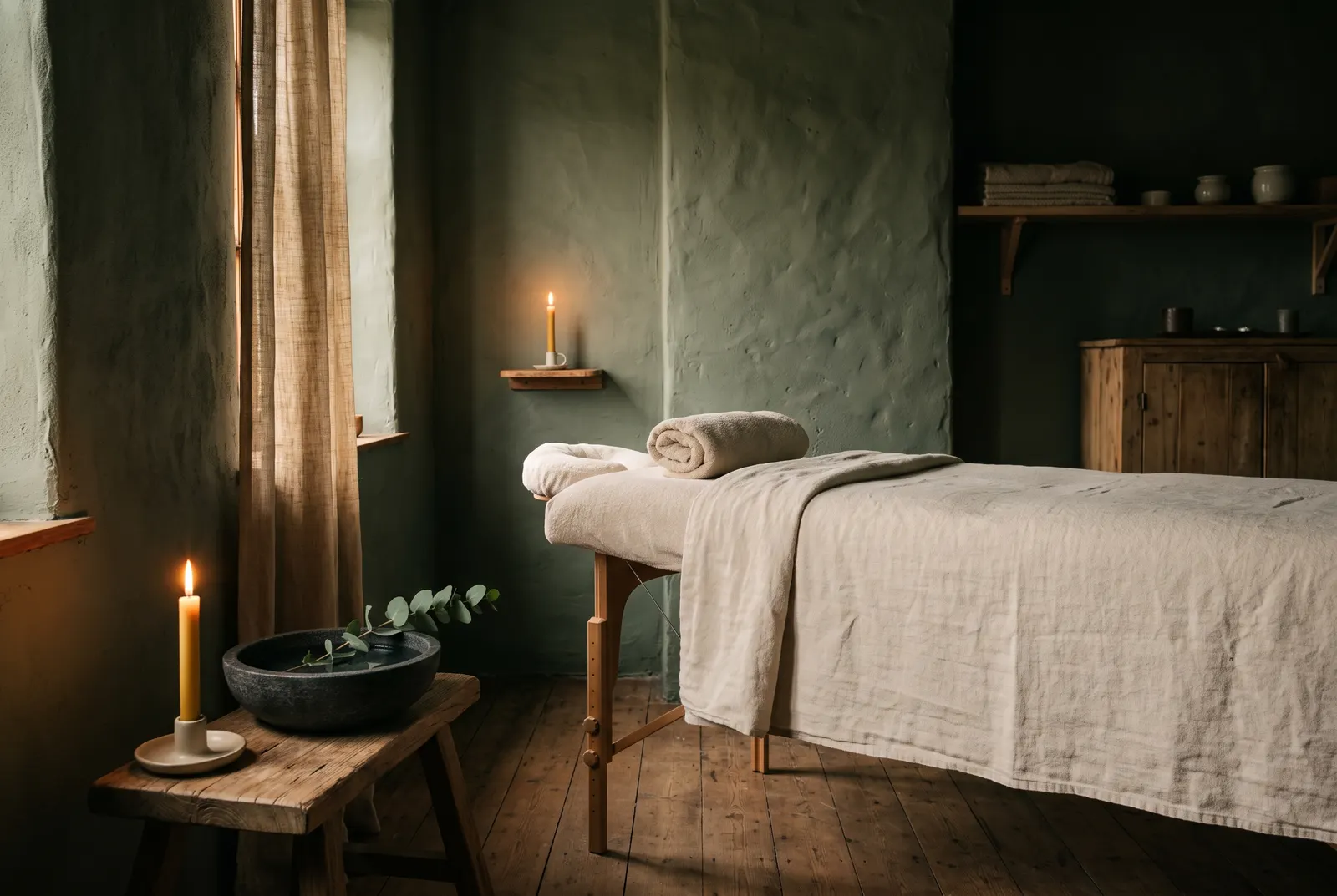 Treatment room with a linen-dressed table and candlelight