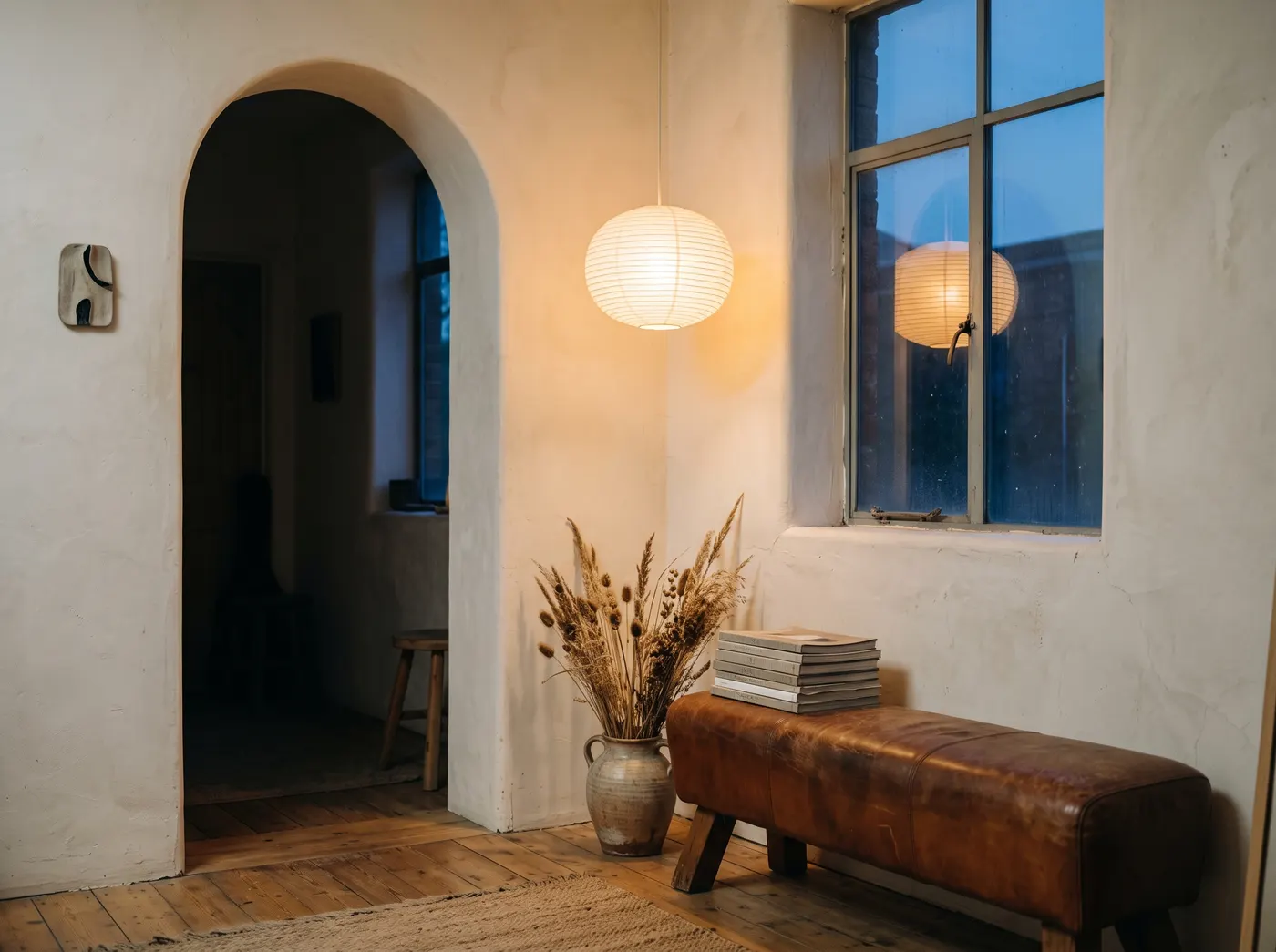 The corner of the studio at dusk, lamps on, leather bench and dried grasses