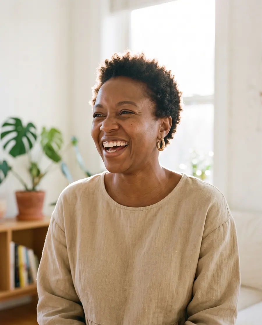 Dominique Reyes laughing beside the plant shelf in the treatment hallway