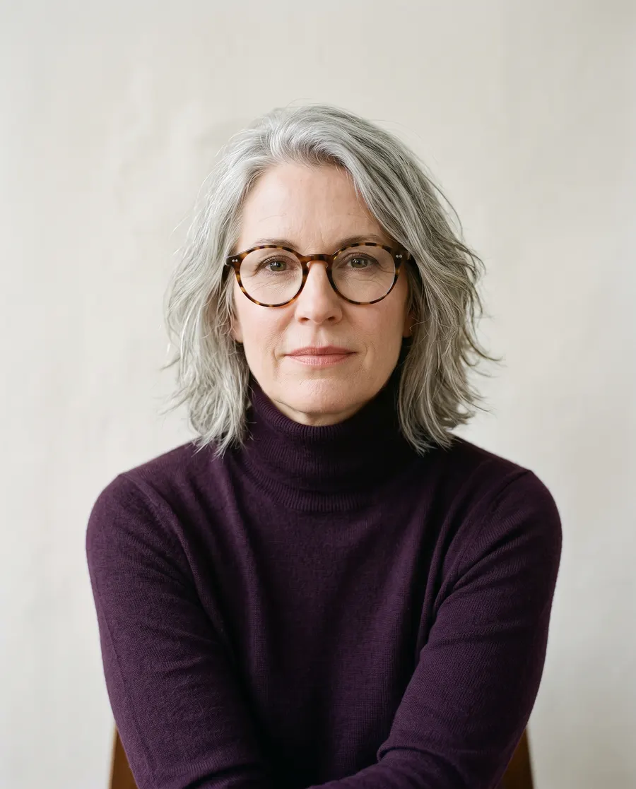 Ines Kowalski, arms folded, in front of the studio's north window
