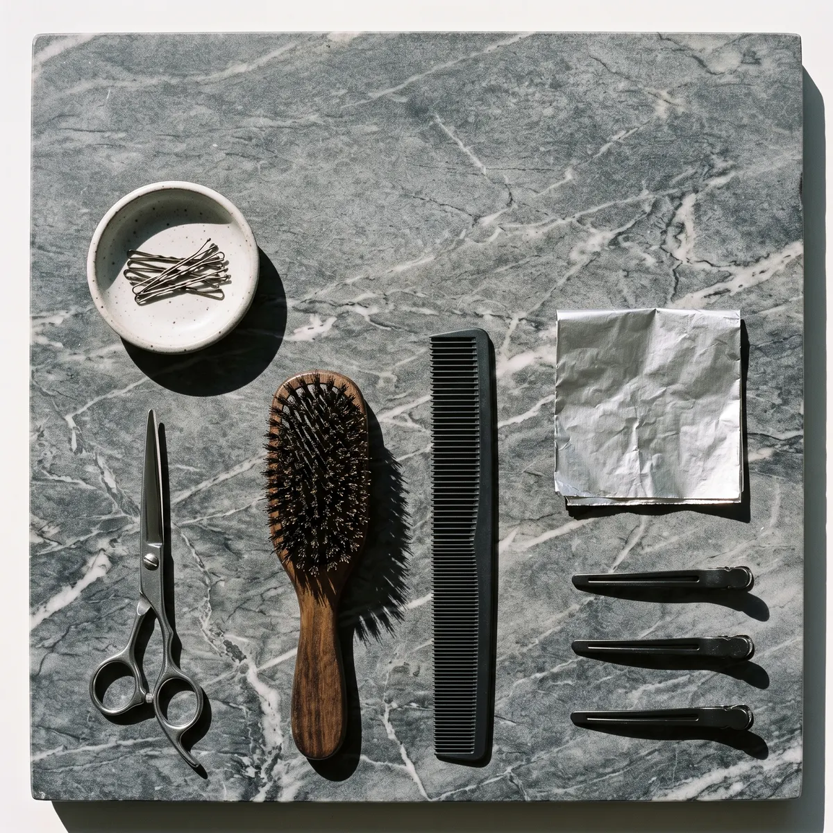 Shears, comb, brush and clips laid out on marble
