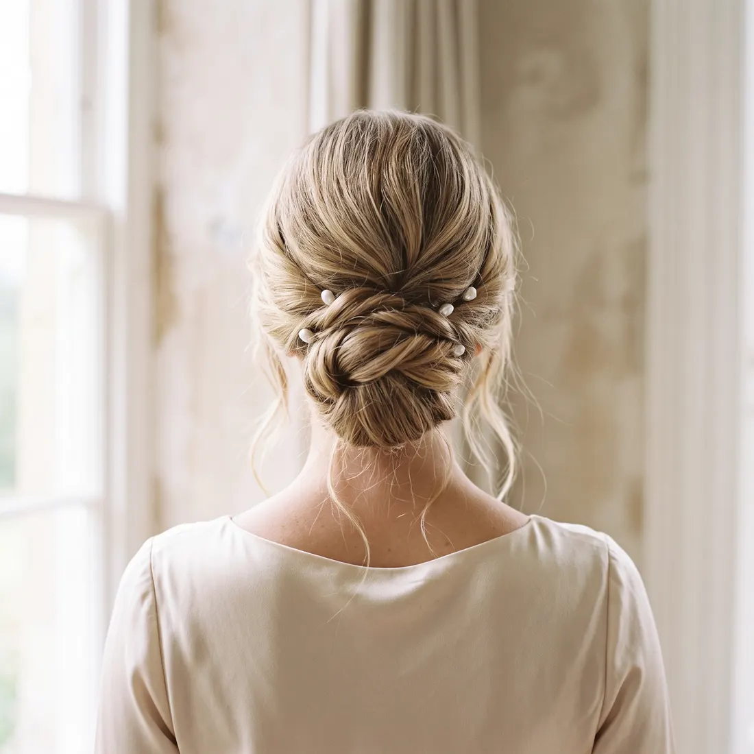 Low twisted chignon, pearl pins