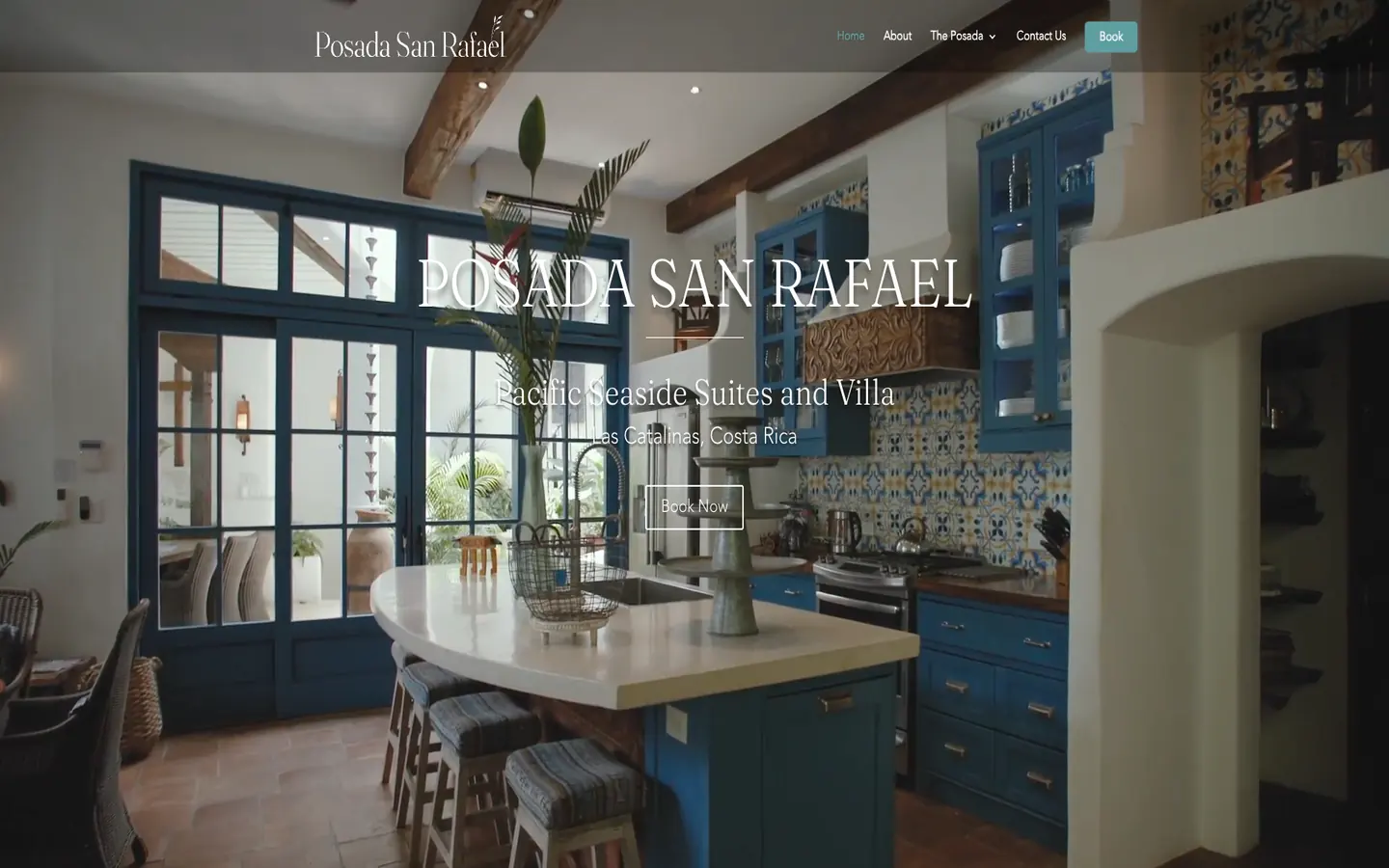 Lodging booking homepage hero, villa interior, no address bar