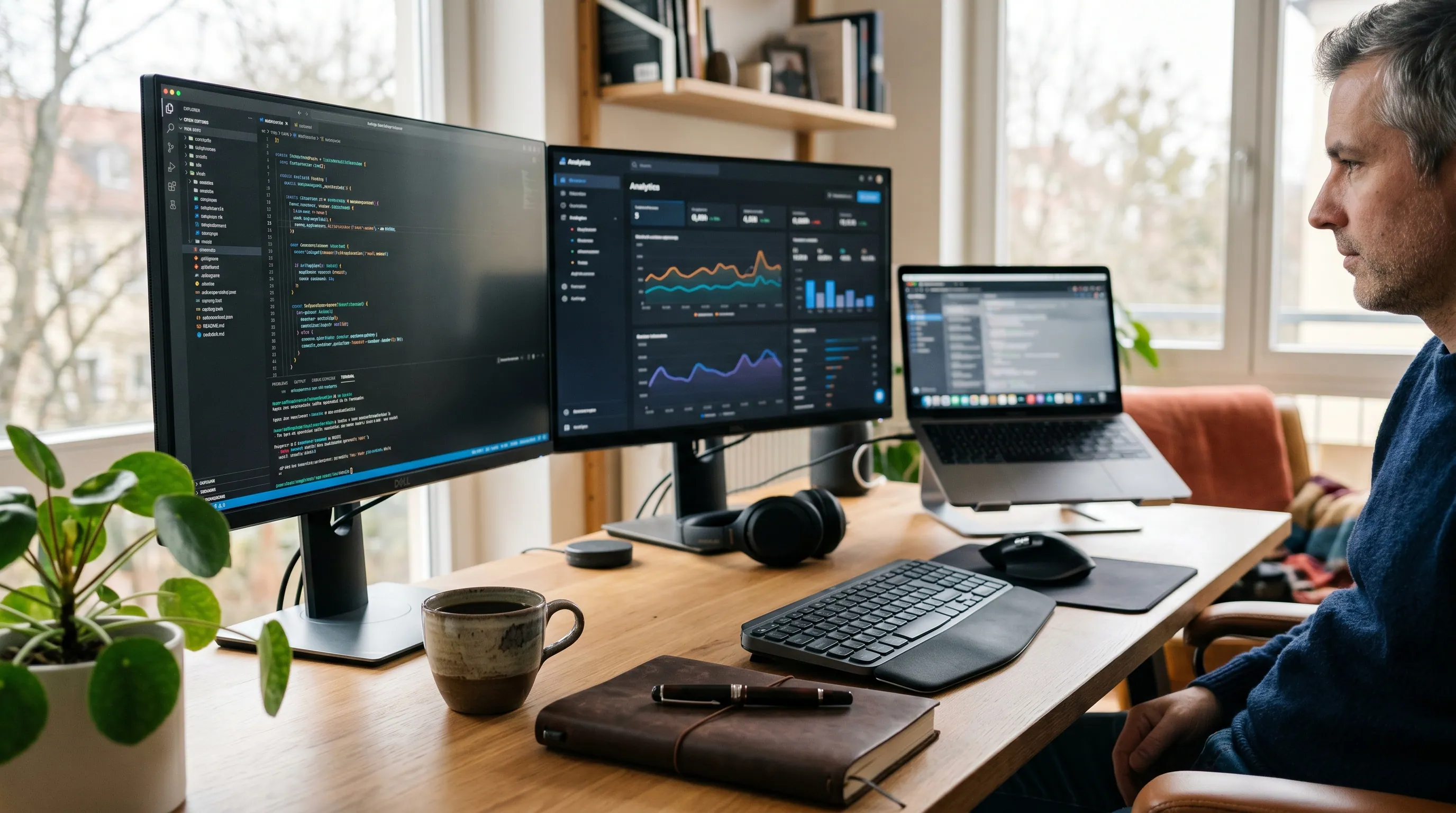 Code editor with a custom website layout in the browser preview